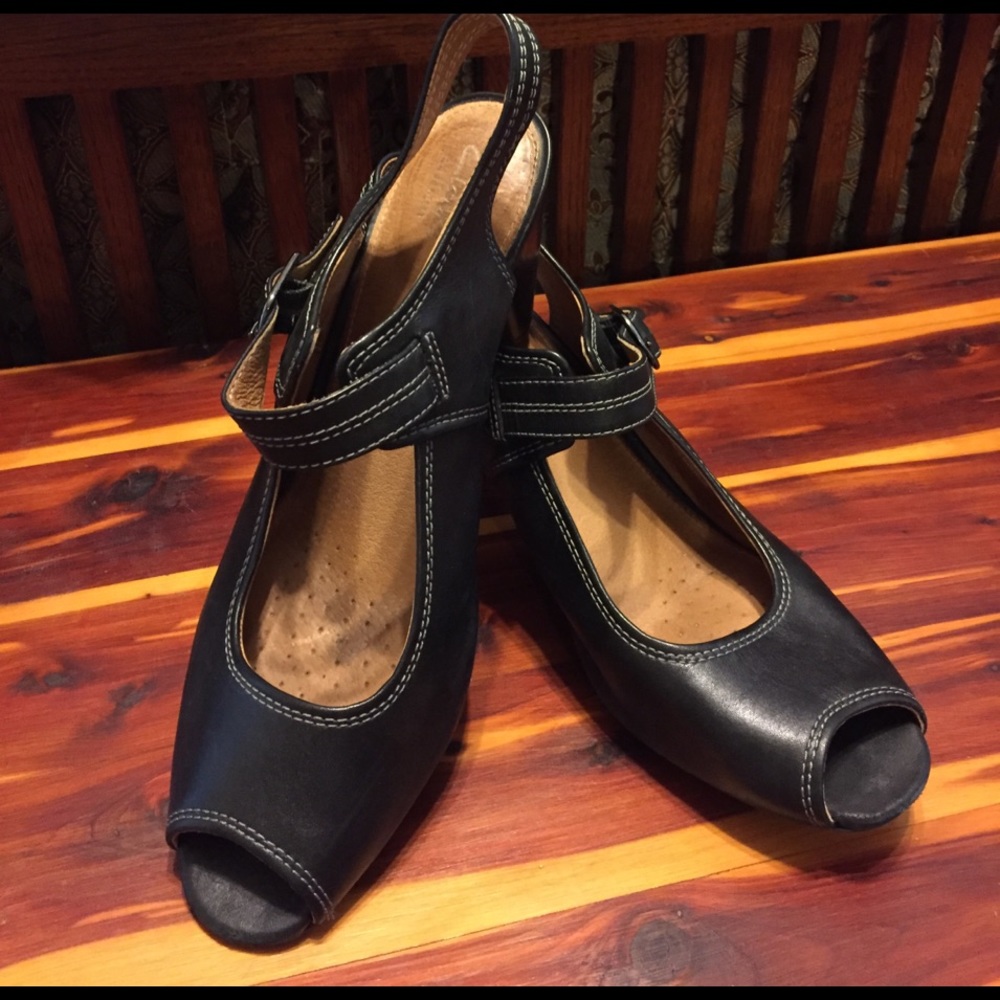 Clarks black peep toe heels